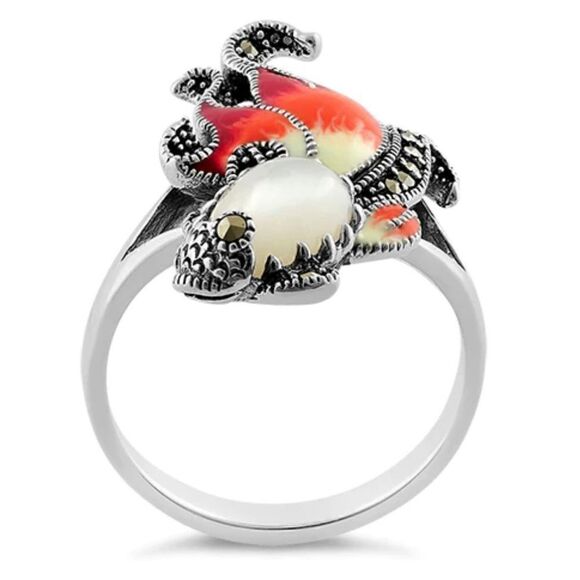 Sterling Silver Mother of Pearl Enamel Ghost Fish Marcasite Ring New - Picture 3 of 4